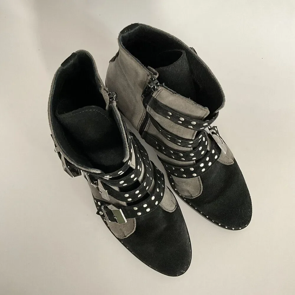 Girotti Suede Quad Buckle Studded Bootie Gray Black 41